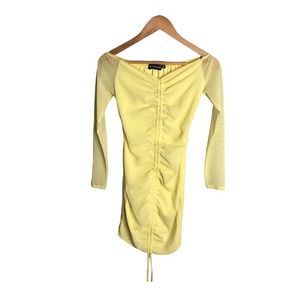PrettyLittleThing | Yellow Mesh Long Sleeve Ruch self tie front Bodycon dress •